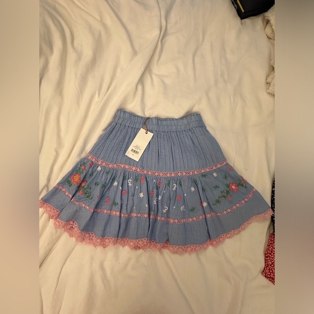 NWT LoveShackFancy Jennings Embroidered Mini Skirt in Blue - Picture 4 of 4